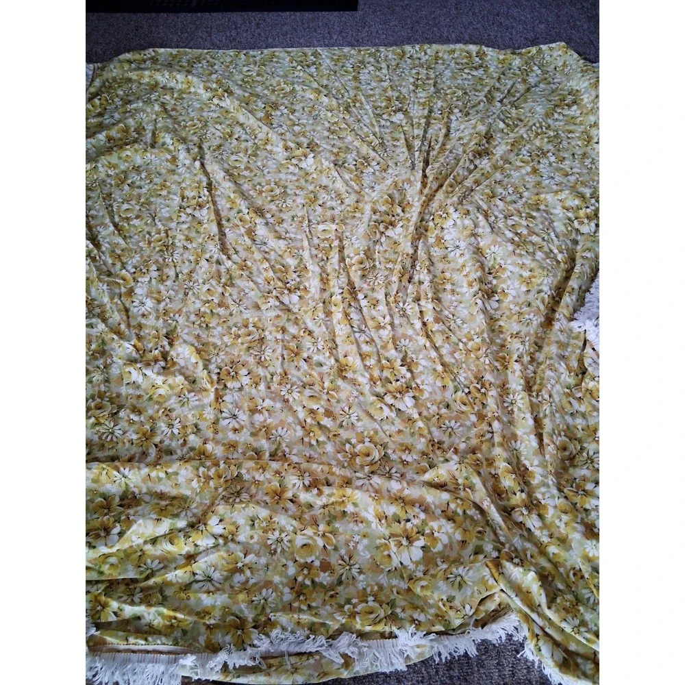 Vintage 60s 70s Floral Perma Press Yellow Fringed Bedspread Full Size Coverlet‎